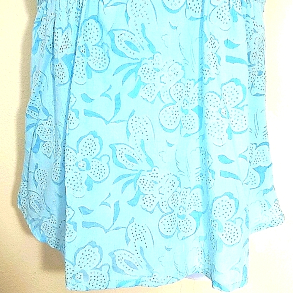 Sleeveless blouse tank top blue floral print FLOWY 100% cotton Square Neck W Tie - Picture 4 of 6